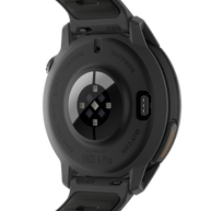 Back of the Coros Pace 4 Pro in Black Silicone showing the heart rate sensor and charging contacts
