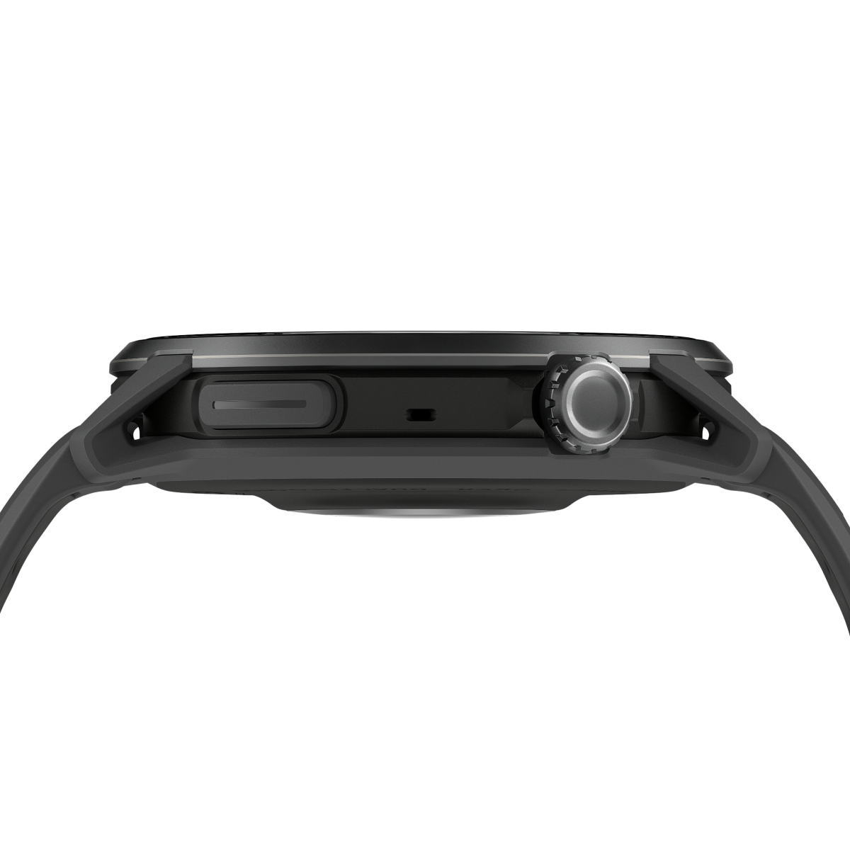 Side profile of the Coros Pace 4 Pro in Black Silicone showing the crown and slim black case