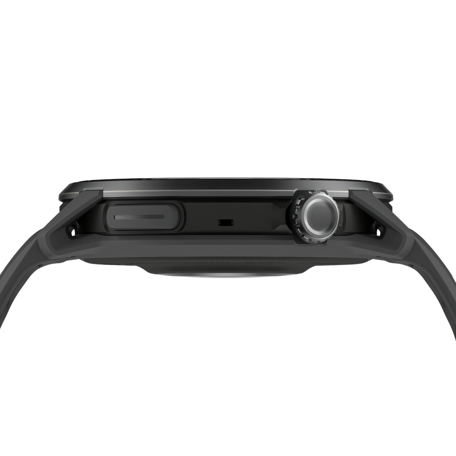 Side profile of the Coros Pace 4 Pro in Black Silicone showing the crown and slim black case