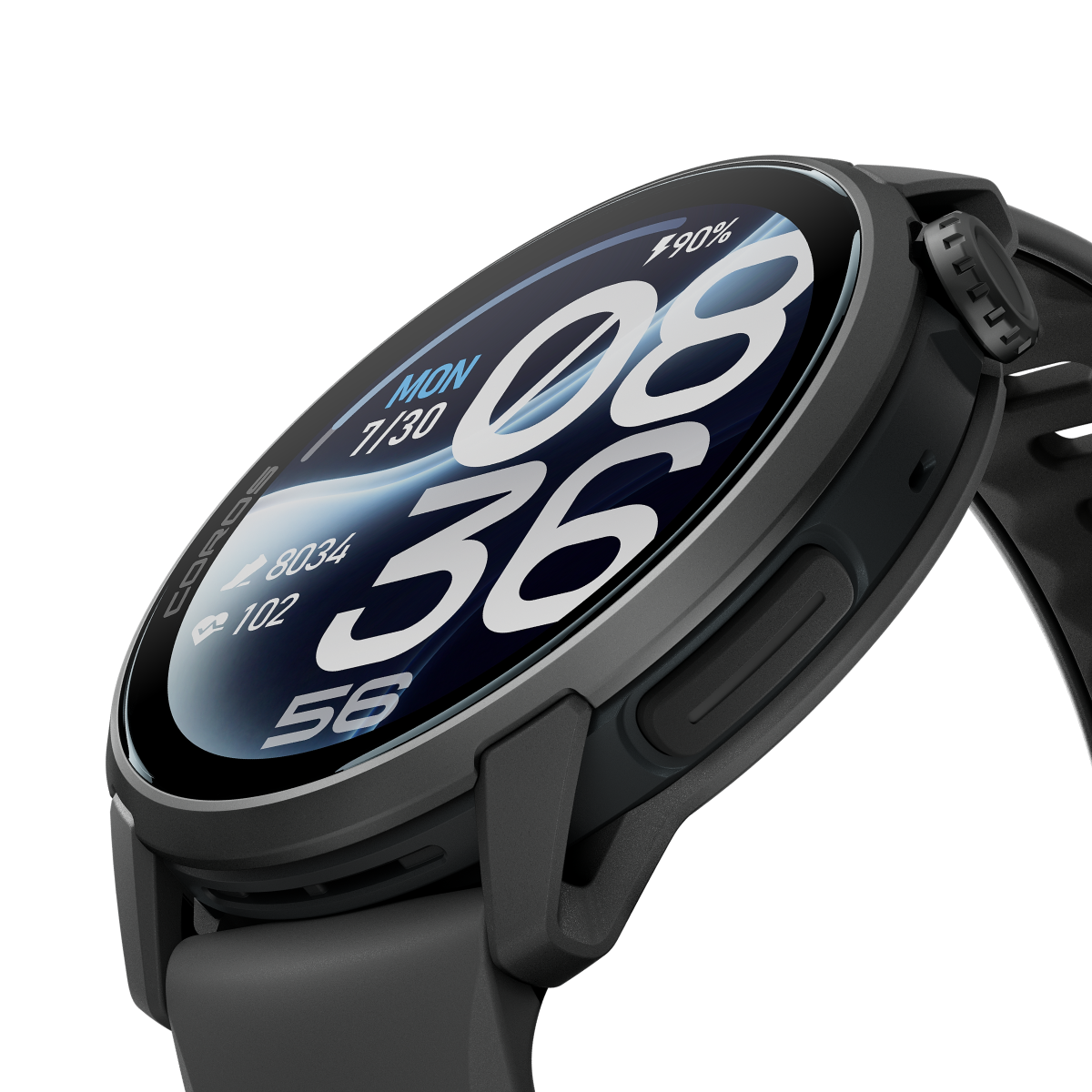 Close-up angled view of the Coros Pace 4 Pro in Black Silicone showing the watch face and side buttons