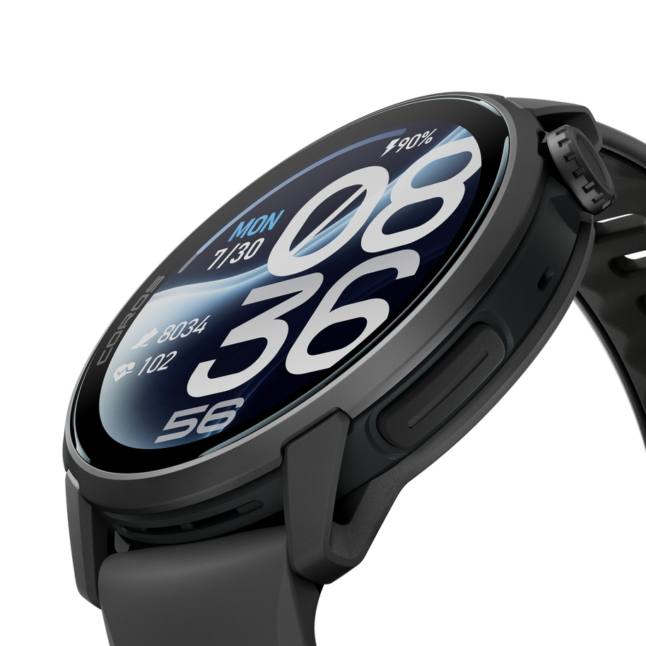 Close-up angled view of the Coros Pace 4 Pro in Black Silicone showing the watch face and side buttons