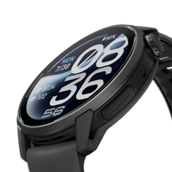 Close-up angled view of the Coros Pace 4 Pro in Black Silicone showing the watch face and side buttons