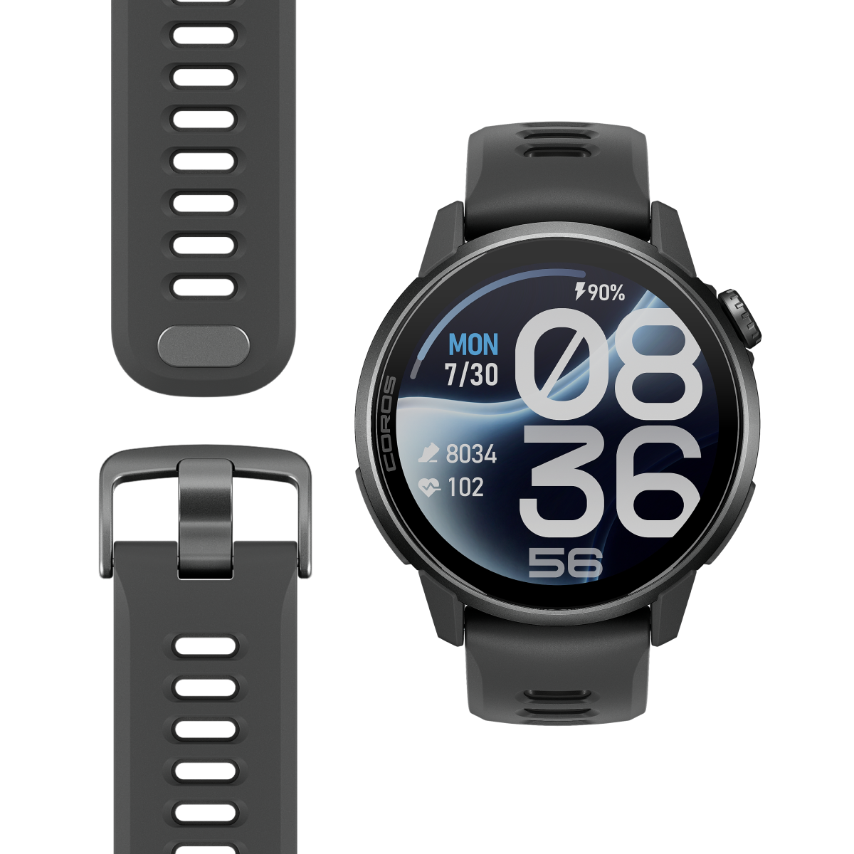 Coros Pace 4 Pro in Black Silicone, front view of the watch with the black silicone band laid out separately