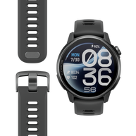 Coros Pace 4 Pro in Black Silicone, front view of the watch with the black silicone band laid out separately