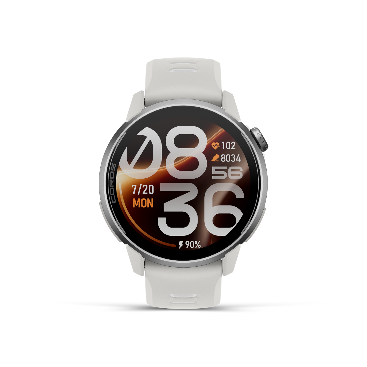 Front view of the Coros Pace 4 Pro in White Silicone showing the orange and white watch face