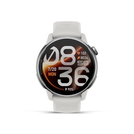 Front view of the Coros Pace 4 Pro in White Silicone showing the orange and white watch face