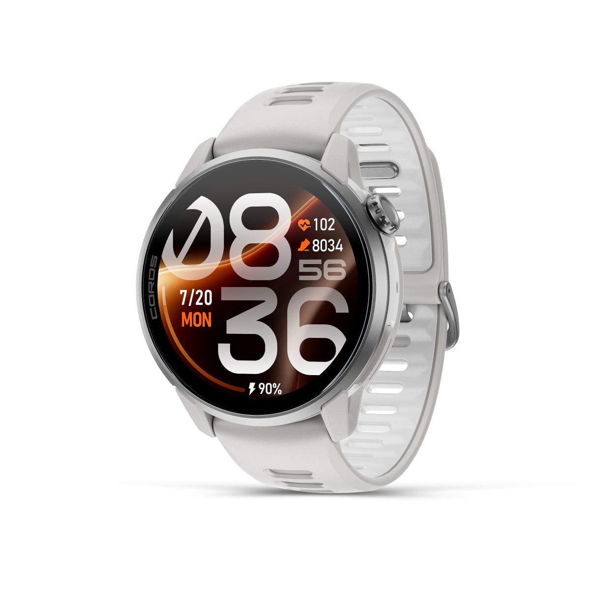 Coros Pace 4 Pro in White Silicone, silver watch with white silicone band, front three-quarter view