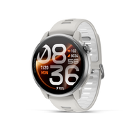 Coros Pace 4 Pro in White Silicone, silver watch with white silicone band, front three-quarter view