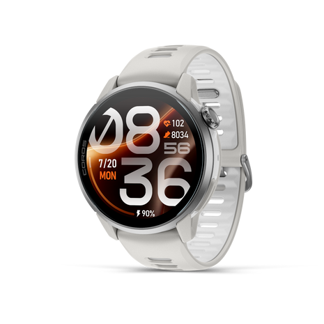 Coros Pace 4 Pro in White Silicone, silver watch with white silicone band, front three-quarter view