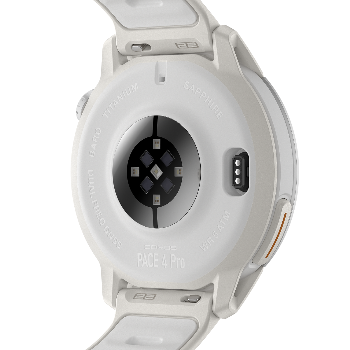 Back of the Coros Pace 4 Pro in White Silicone showing the heart rate sensor and charging contacts
