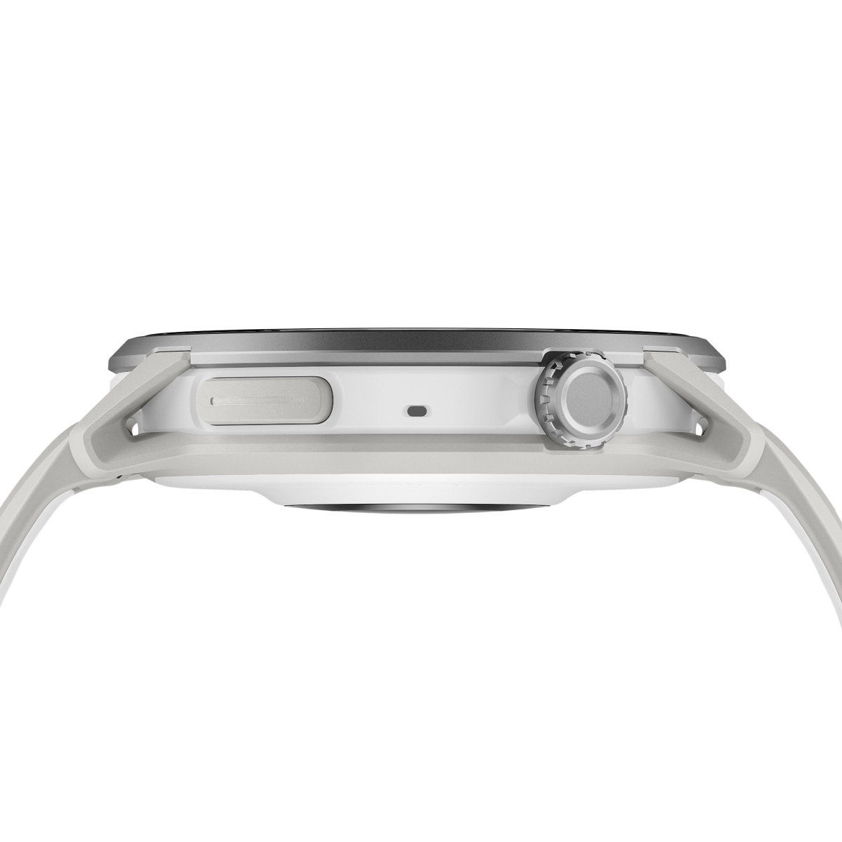 Side profile of the Coros Pace 4 Pro in White Silicone showing the crown on the silver case