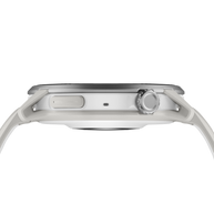 Side profile of the Coros Pace 4 Pro in White Silicone showing the crown on the silver case