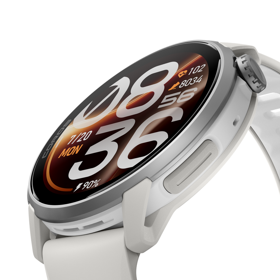 Close-up angled view of the Coros Pace 4 Pro in White Silicone showing the display and side buttons