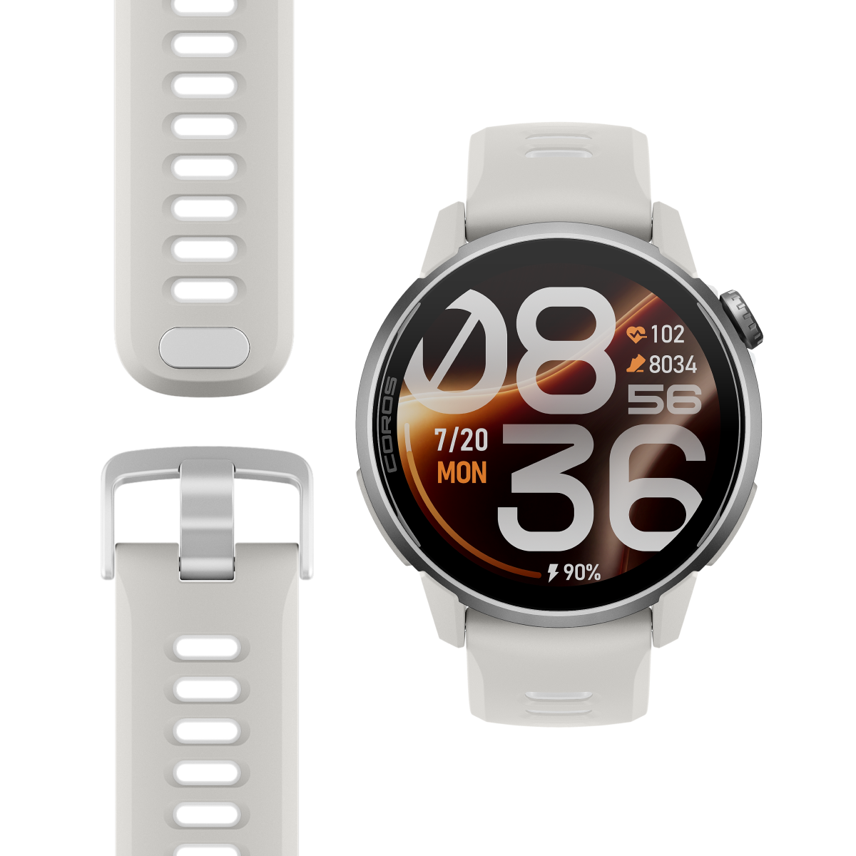 Coros Pace 4 Pro in White Silicone, front view of the watch beside the white silicone band and buckle