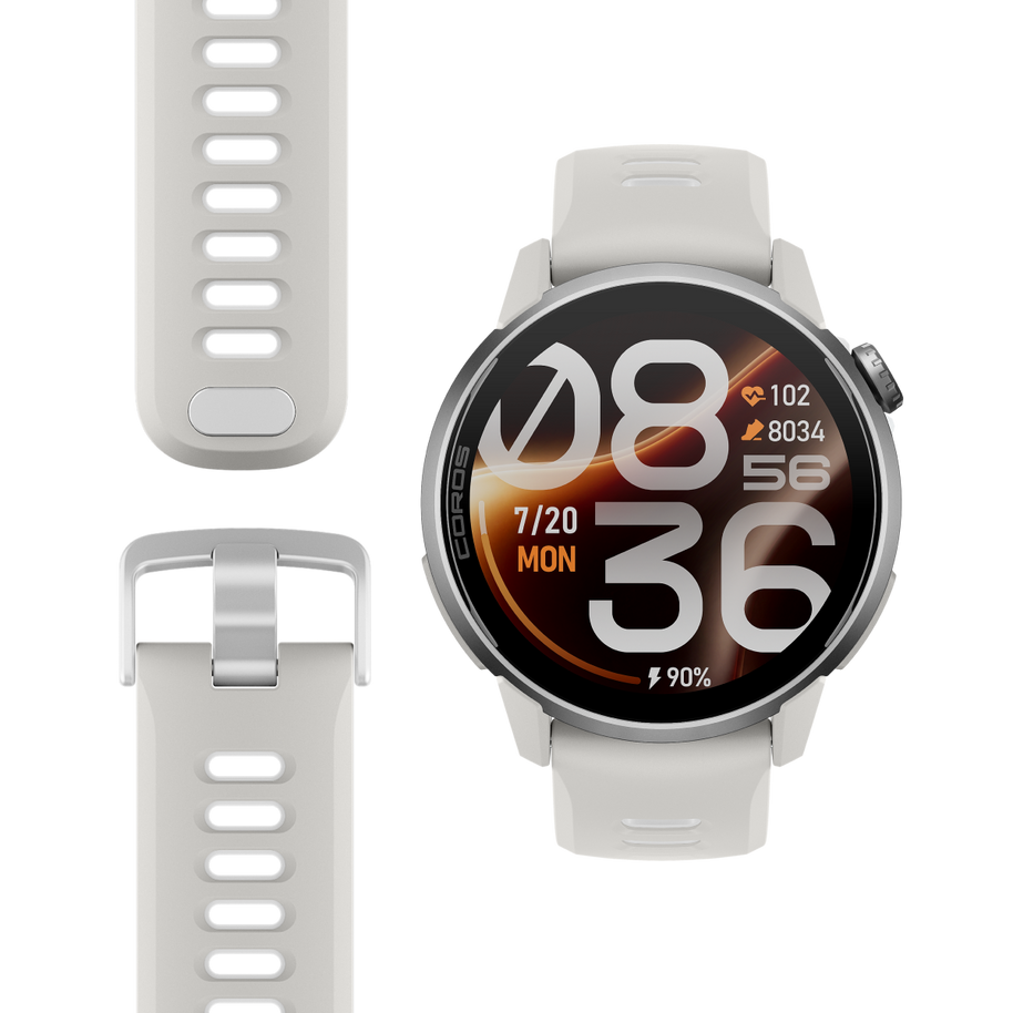 Coros Pace 4 Pro in White Silicone, front view of the watch beside the white silicone band and buckle