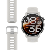 Coros Pace 4 Pro in White Silicone, front view of the watch beside the white silicone band and buckle