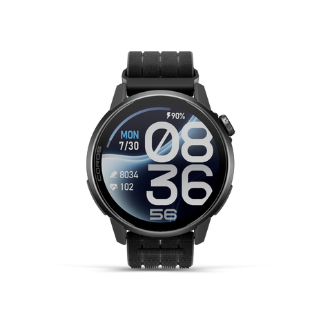 Front view of the Coros Pace 4 Pro in Black Nylon showing the blue and white watch face