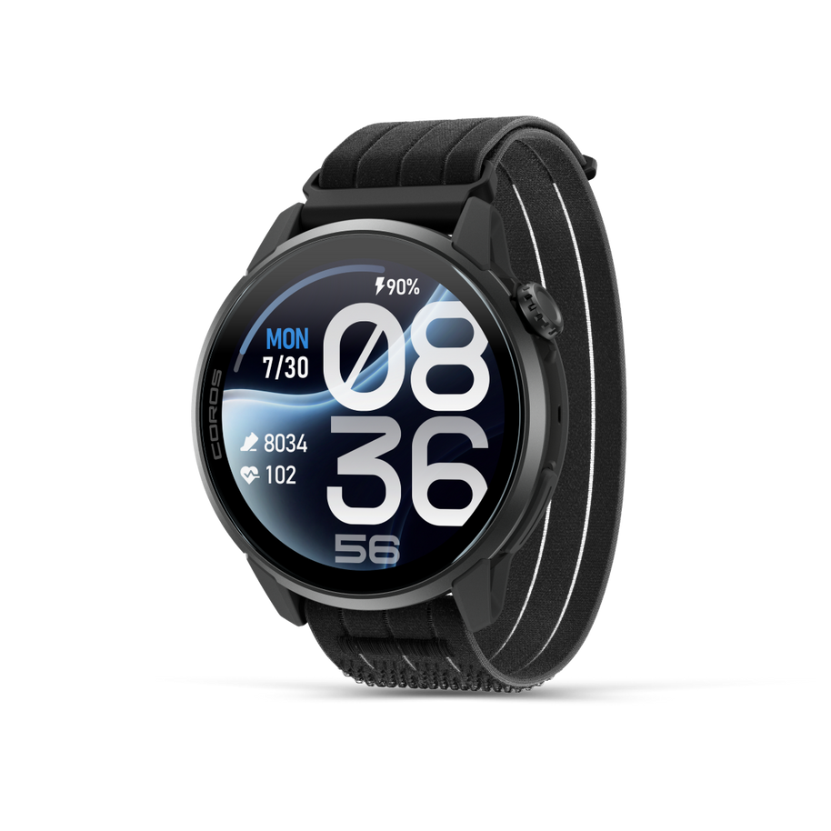 Coros Pace 4 Pro in Black Nylon, black watch with black and grey striped nylon band, front three-quarter view