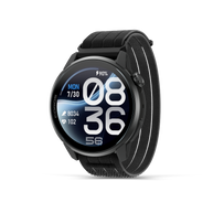 Coros Pace 4 Pro in Black Nylon, black watch with black and grey striped nylon band, front three-quarter view