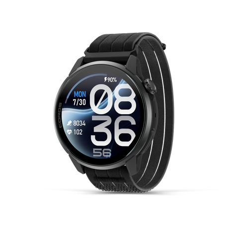 Coros Pace 4 Pro in Black Nylon, black watch with black and grey striped nylon band, front three-quarter view