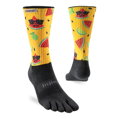 Pair of Injinji The Courtney Crew women's toe socks in Solar Slice, yellow watermelon print with black toes, side and back