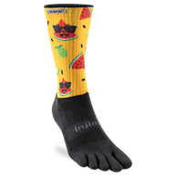 Injinji The Courtney Crew women's toe sock in Solar Slice, yellow leg with watermelon print and black five-toe foot
