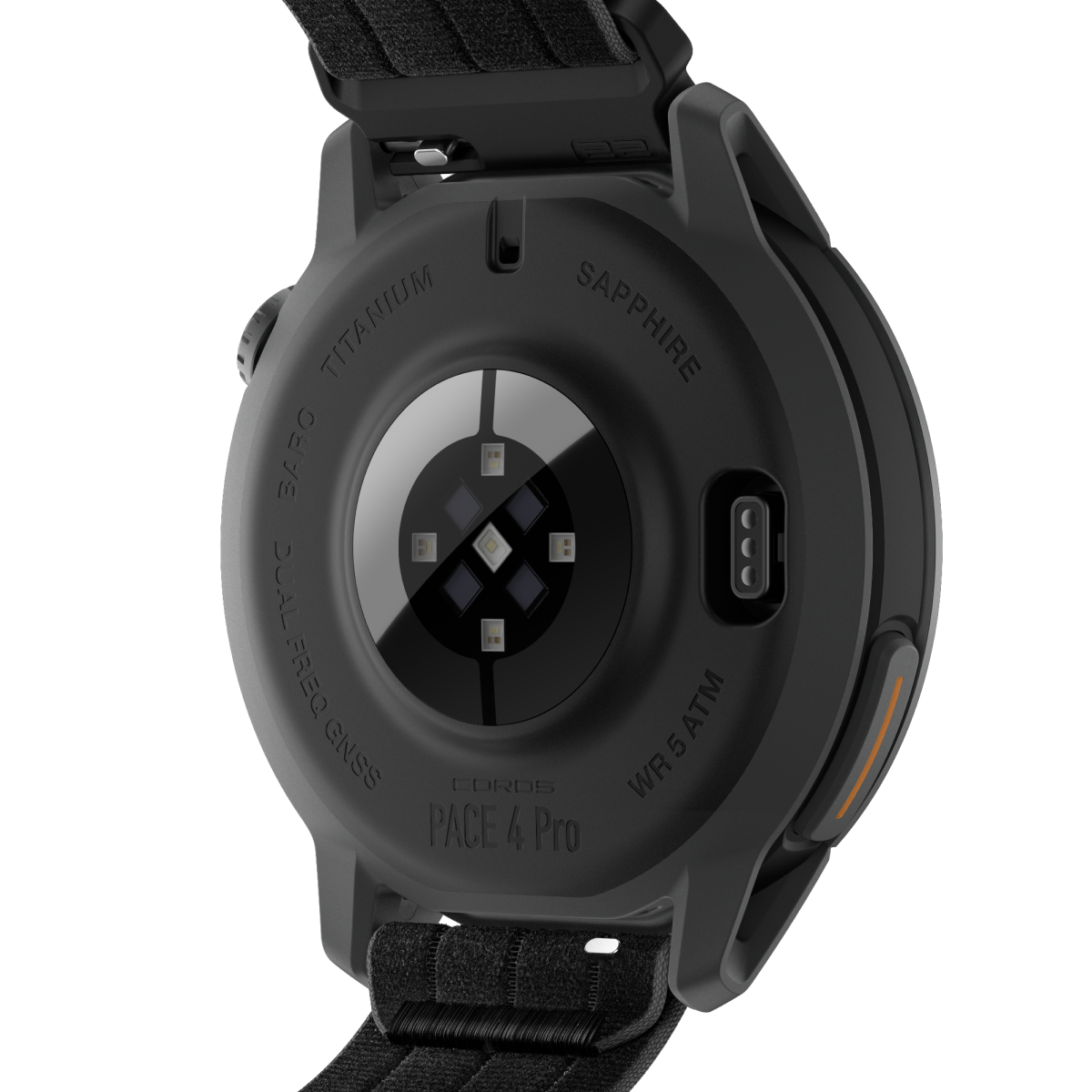 Back of the Coros Pace 4 Pro in Black Nylon showing the heart rate sensor on the dark case