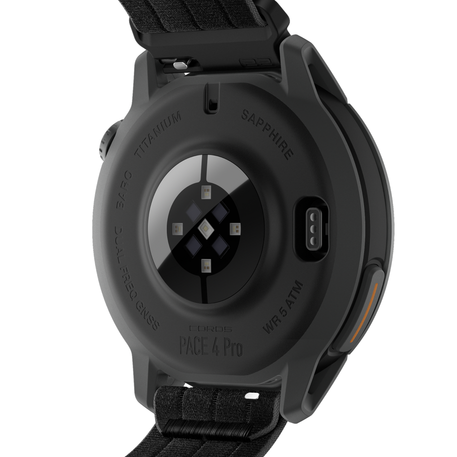 Back of the Coros Pace 4 Pro in Black Nylon showing the heart rate sensor on the dark case
