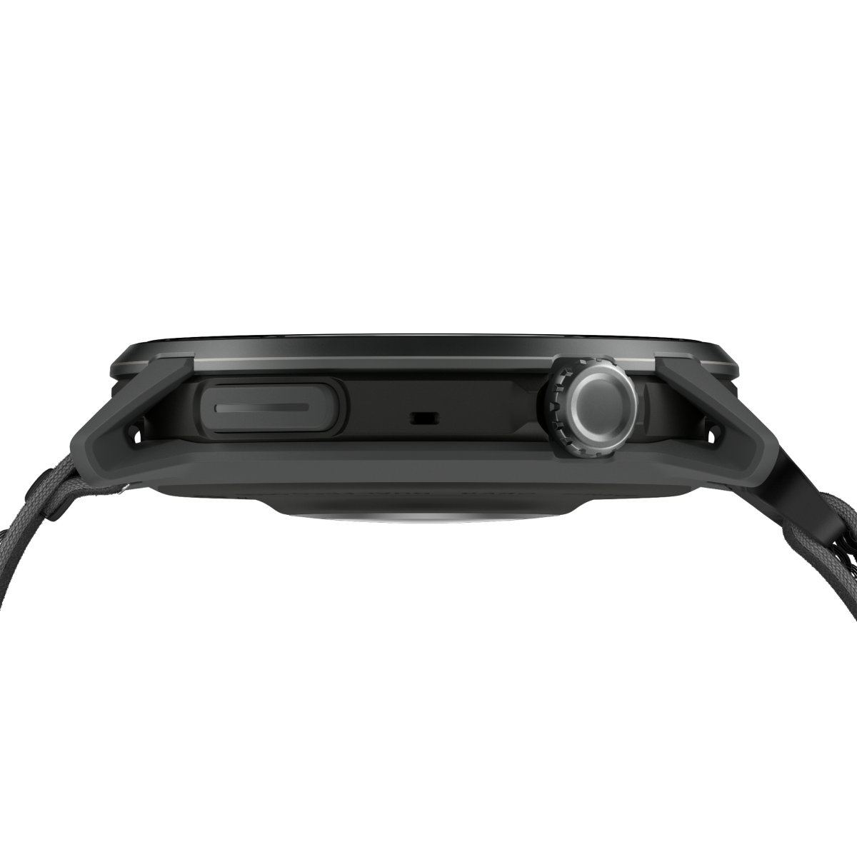 Side profile of the Coros Pace 4 Pro in Black Nylon showing the crown and black case