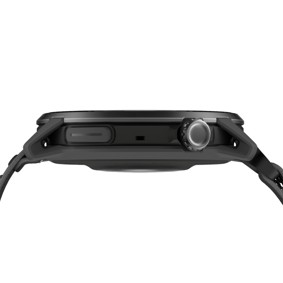 Side profile of the Coros Pace 4 Pro in Black Nylon showing the crown and black case
