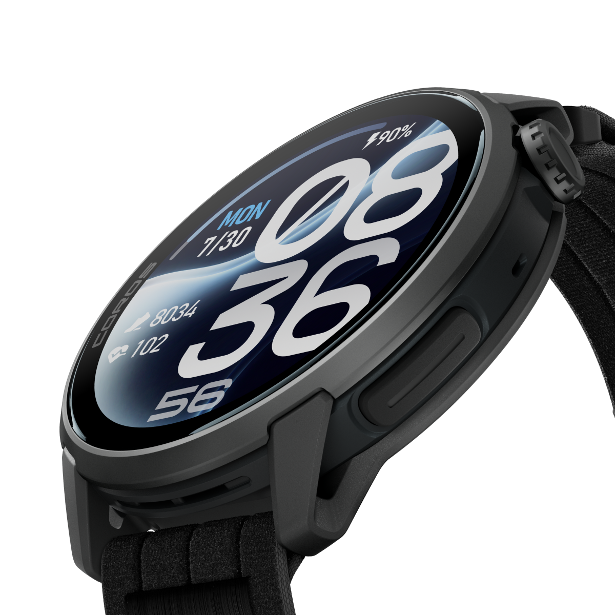 Close-up angled view of the Coros Pace 4 Pro in Black Nylon showing the display edge and side buttons