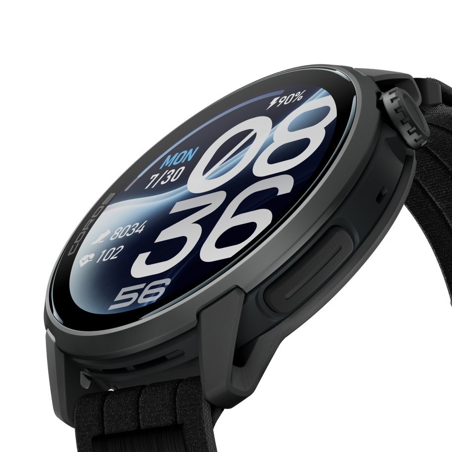 Close-up angled view of the Coros Pace 4 Pro in Black Nylon showing the display edge and side buttons