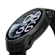 Close-up angled view of the Coros Pace 4 Pro in Black Nylon showing the display edge and side buttons