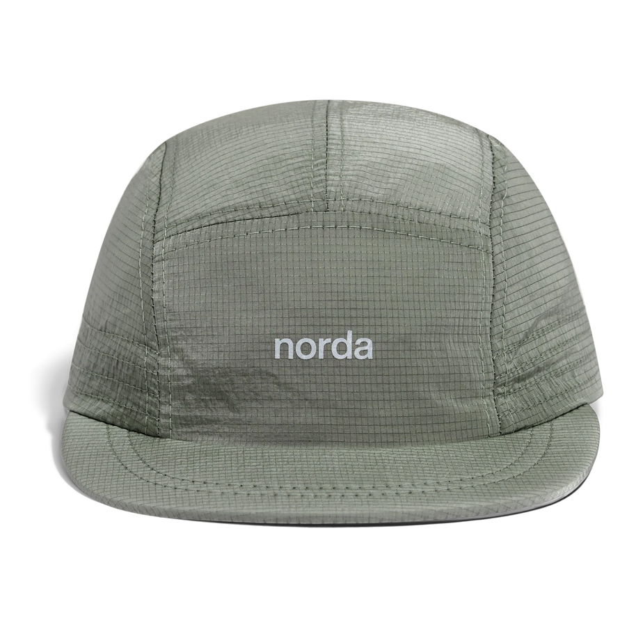 Norda Luster Cap in Sage, front view of light green ripstop cap with grey norda logo