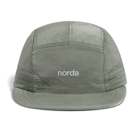 Norda Luster Cap in Sage, front view of light green ripstop cap with grey norda logo