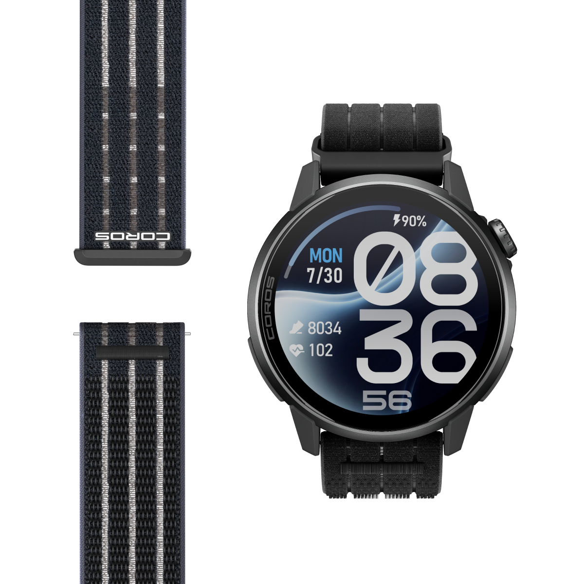 Coros Pace 4 Pro in Black Nylon, front view of the watch beside the striped black nylon band with Coros logo
