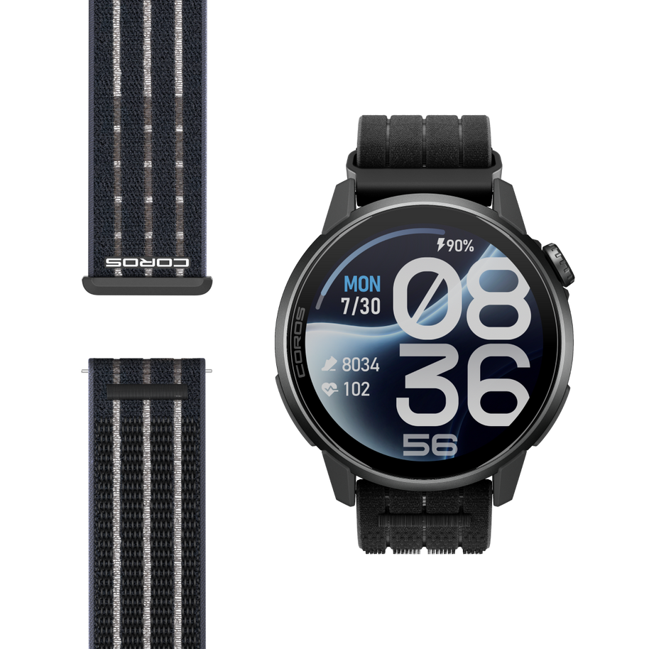 Coros Pace 4 Pro in Black Nylon, front view of the watch beside the striped black nylon band with Coros logo