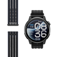 Coros Pace 4 Pro in Black Nylon, front view of the watch beside the striped black nylon band with Coros logo