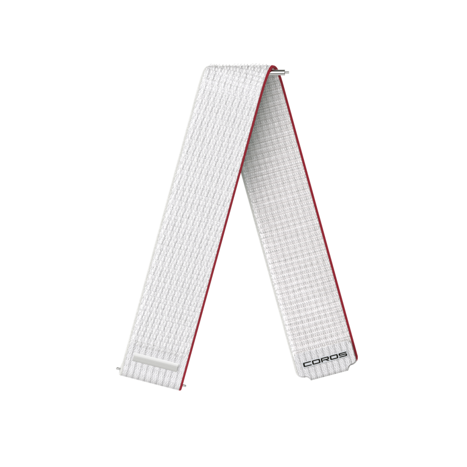 Coros 22mm Nylon Band in White Red, white woven strap with red edge trim and Coros logo