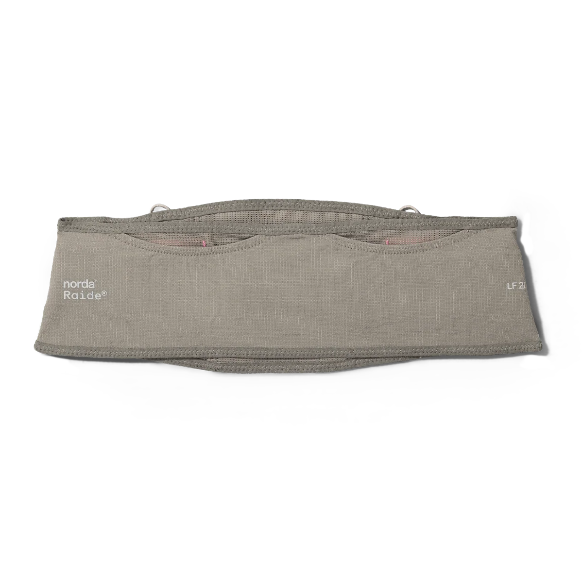 Norda x Raide LF 2L Running Belt in taupe, front view with small norda Raide logo