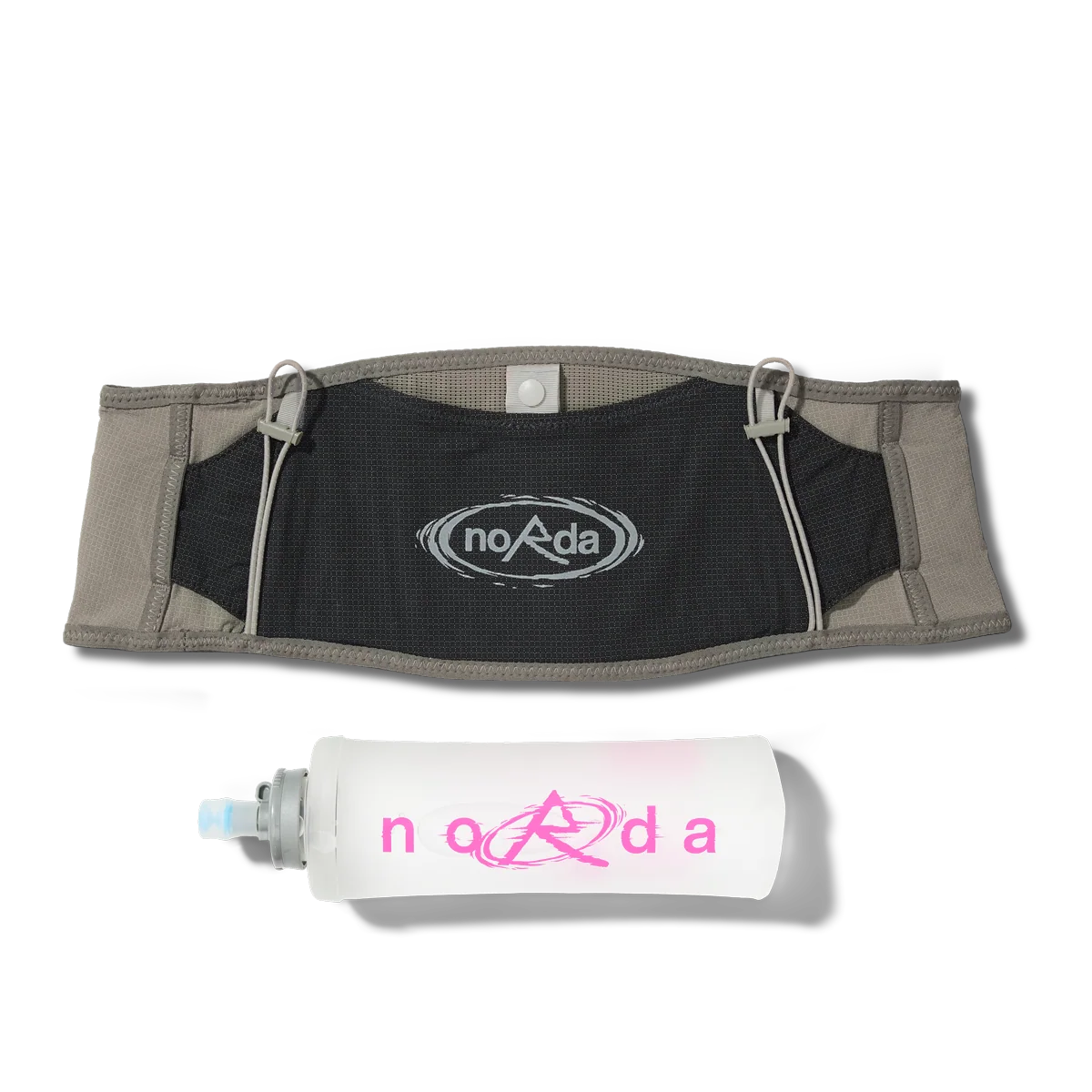 Norda x Raide LF 2L Running Belt with black norda logo panel above a white soft flask with pink norda print