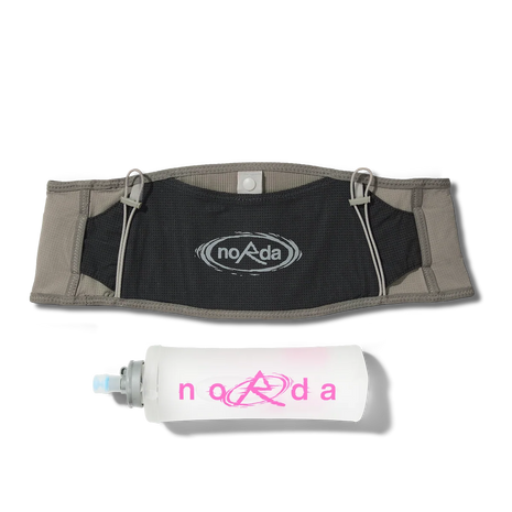 Norda x Raide LF 2L Running Belt with black norda logo panel above a white soft flask with pink norda print