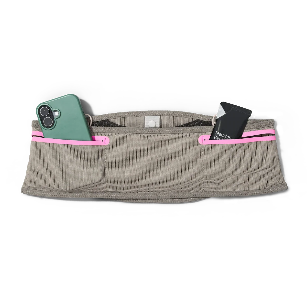 Norda x Raide LF 2L Running Belt in taupe with a phone and card tucked into the pink-trimmed pockets