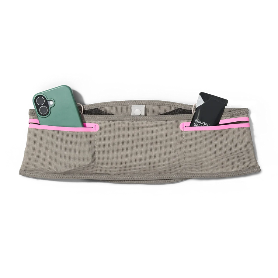 Norda x Raide LF 2L Running Belt in taupe with a phone and card tucked into the pink-trimmed pockets