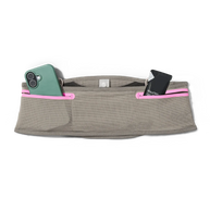 Norda x Raide LF 2L Running Belt in taupe with a phone and card tucked into the pink-trimmed pockets