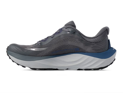 Inner side of the Topo Ultraventure 5 men's trail running shoe in Grey/Blue with white midsole