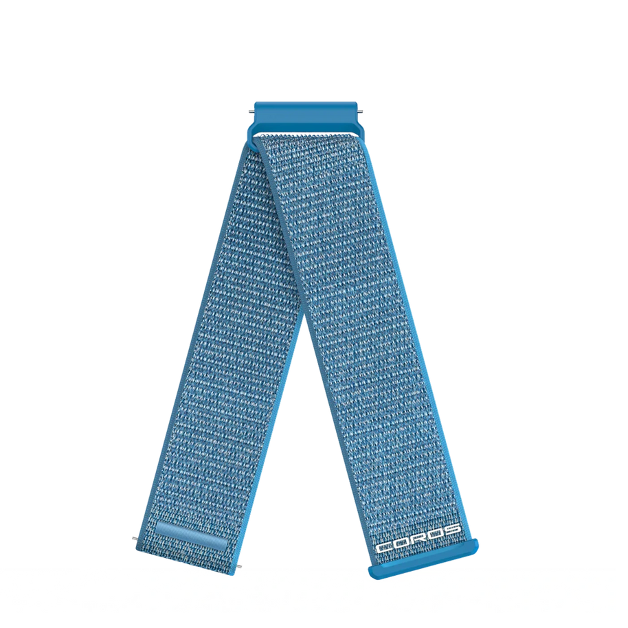 Coros 22mm Nylon Band in Glacier Blue, blue woven hook-and-loop strap with Coros logo