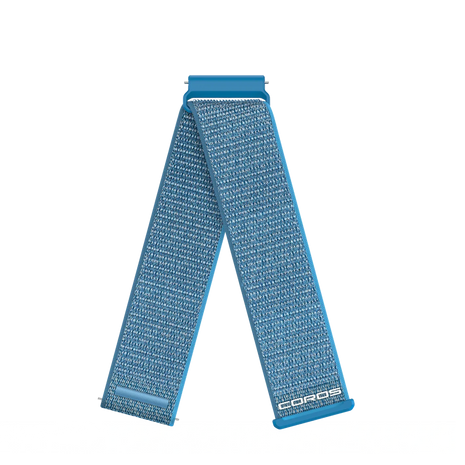 Coros 22mm Nylon Band in Glacier Blue, blue woven hook-and-loop strap with Coros logo