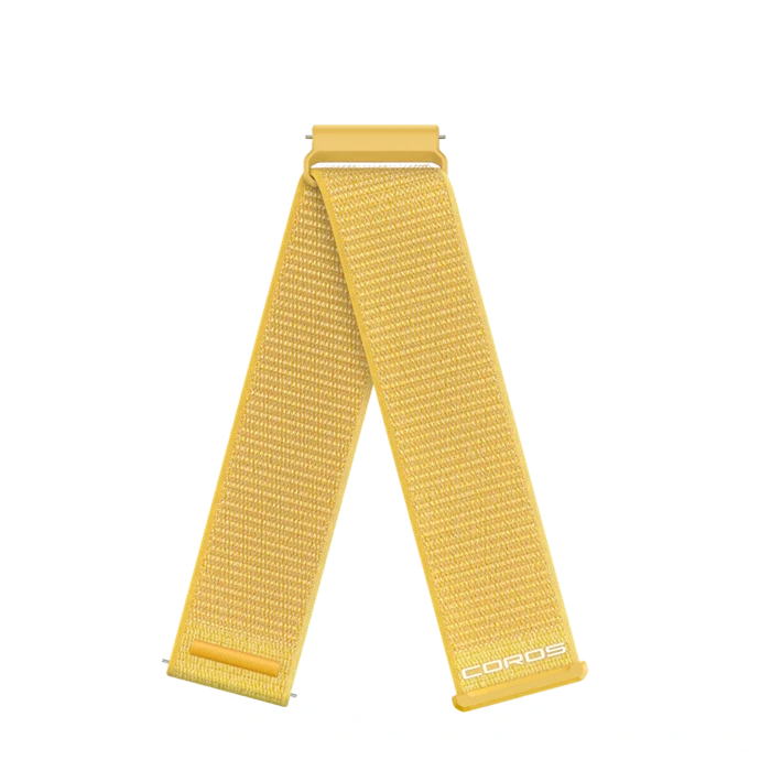 Coros 22mm Nylon Band in Solstice Yellow, yellow woven hook-and-loop strap with Coros logo