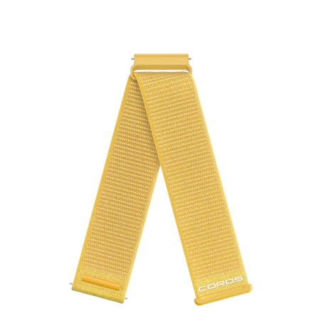 Coros 22mm Nylon Band in Solstice Yellow, yellow woven hook-and-loop strap with Coros logo